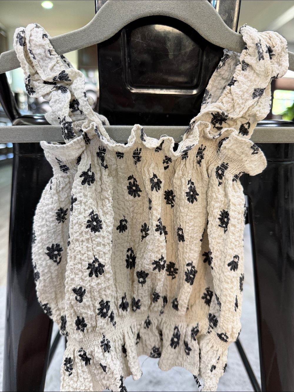 DKNY Cream and Black Smocked Floral Tank Top